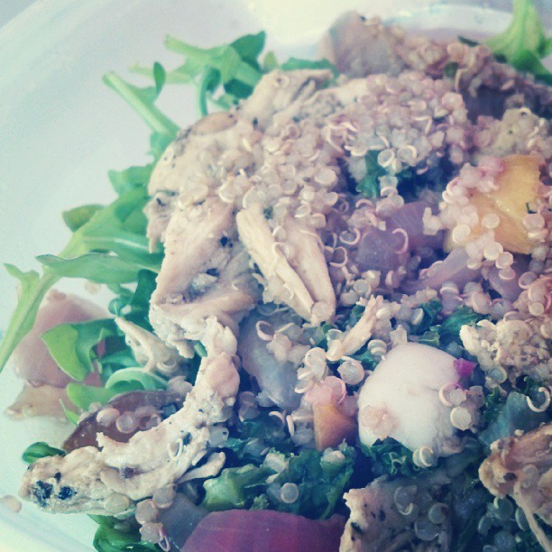 Lunch! Mixed greens, grilled chicken, peach compote, quinoa & balsamic vinegar. 